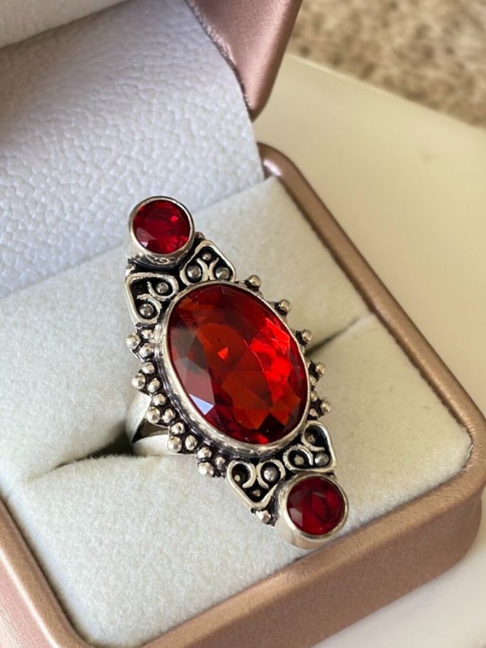 Simulated Garnet Three Stone Statement Ring 925 Silver Plated - Size 7